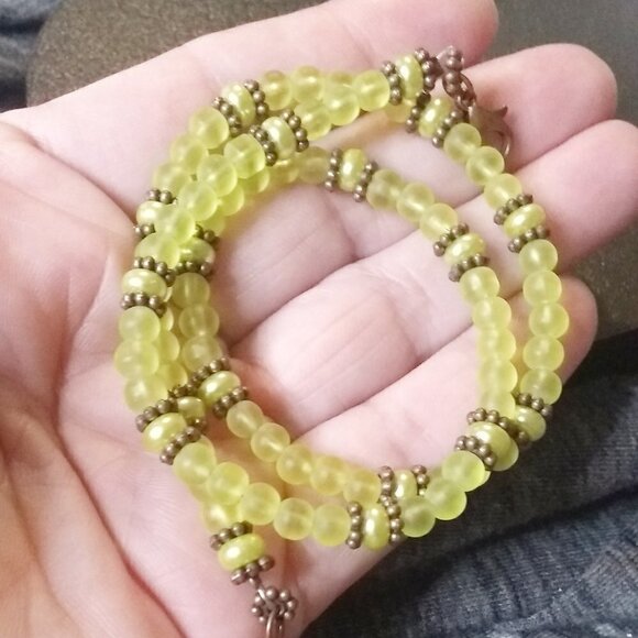 Wrap Bracelet! Dainty Slim + Feminine! Green Glass Beads + Faux Pearls + Copper - Picture 5 of 6